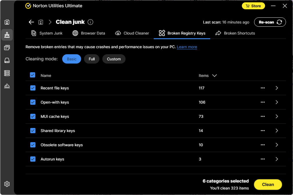 Norton Utilities Ultimate Scan Results - Broken Registry Keys