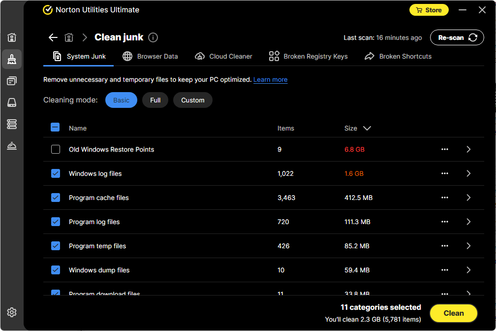 Norton Utilities Ultimate - System Junk Category List