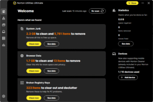 Norton Utilities Dashboard showing scan results