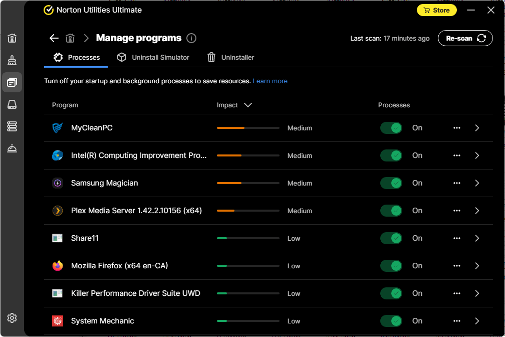 Norton Utilities Scan results - Manage Programs, Processes Section